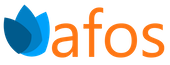 AFOS logo, tri plava lista i narandžasti tekst afos.